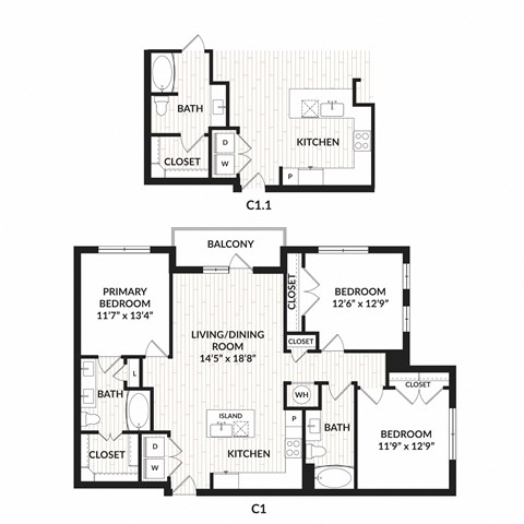 Floor plan for 3 beds, 2 baths, 1344 sqft